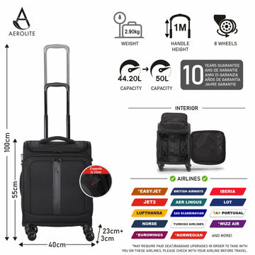 Aerolite Expandable Premium Cabin Suitcase 55x40x23cm to 55x40x26cm – Max Size for Wizz Air Priority, Lufthansa, Eurowings, Norwegian – Lightweight 8 Spinner Wheels Carry On Hand Luggage, 50L, Black